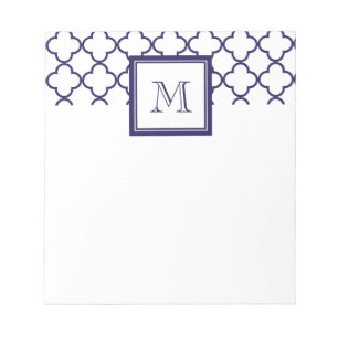 Bloc-note Bleu marine, Quatrefoil blanc votre monogramme