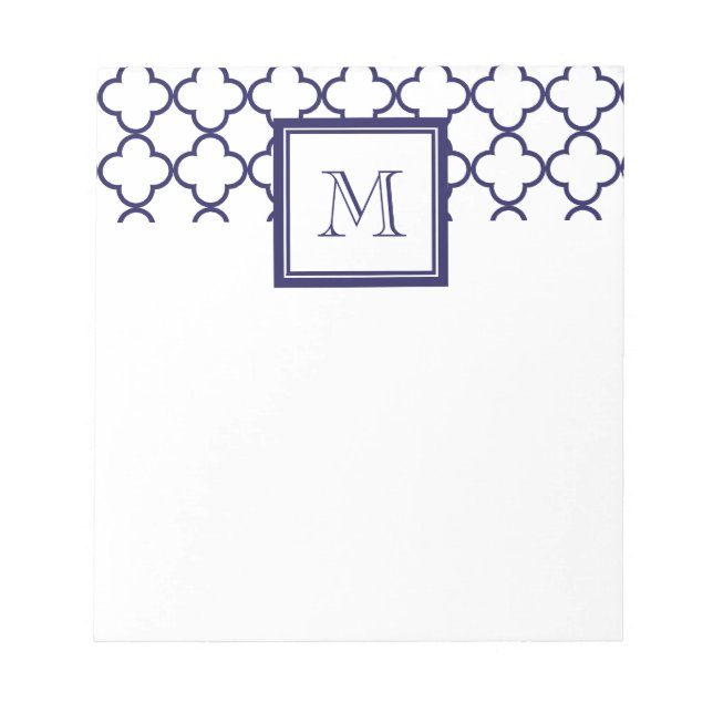 Bloc-note Bleu marine, Quatrefoil blanc | Votre monogramme (Devant)