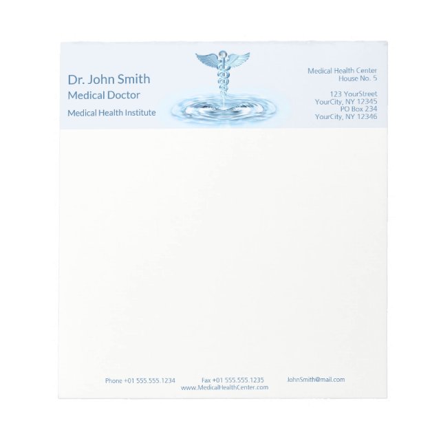 Bloc-note Bleu Médicale Caduceus Eau Pompe Hermes Rod (Devant)