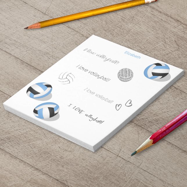 Bloc-note bleu noir volleballs filles garçons nom personnali (Blue & black volleyballs personalized notepad)