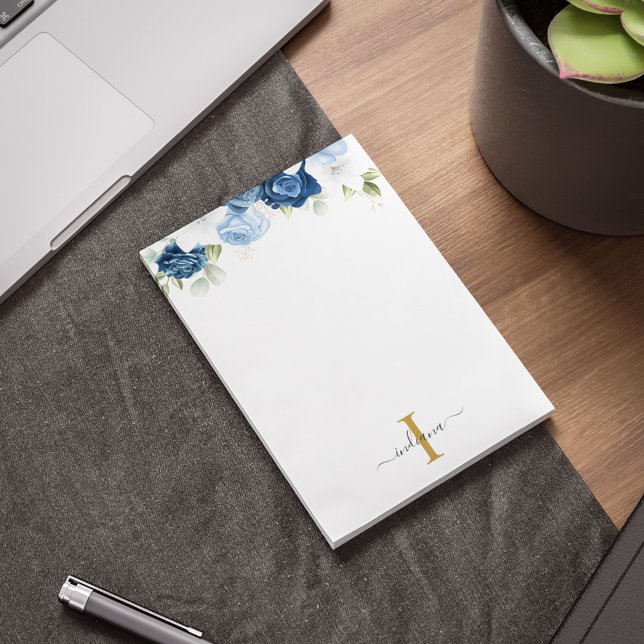 Bloc-note Bleu Poussiéreux Floral Monogramme Eucalyptus Nom  (Dusty Blue Floral Monogram Script Notepad)