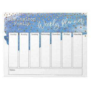 Bloc-note Blue Brushstroke Gold Confetti Planificateur hebdo