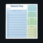 Bloc-note Blue Green Day Tracker Tâches Étapes Modes<br><div class="desc">Un bloc-notes pratique pour vous aider à suivre vos habitudes quotidiennes, à boire assez d'eau, à vous étirer au moins une fois par heure pendant une journée de travail de huit heures, à prendre le nombre d'étapes dont vous avez besoin, et à vous rappeler de prendre vos médicaments ou vitamines!...</div>