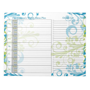 Bloc-note Blue Green Floral Weekly Personalized Menu Plan