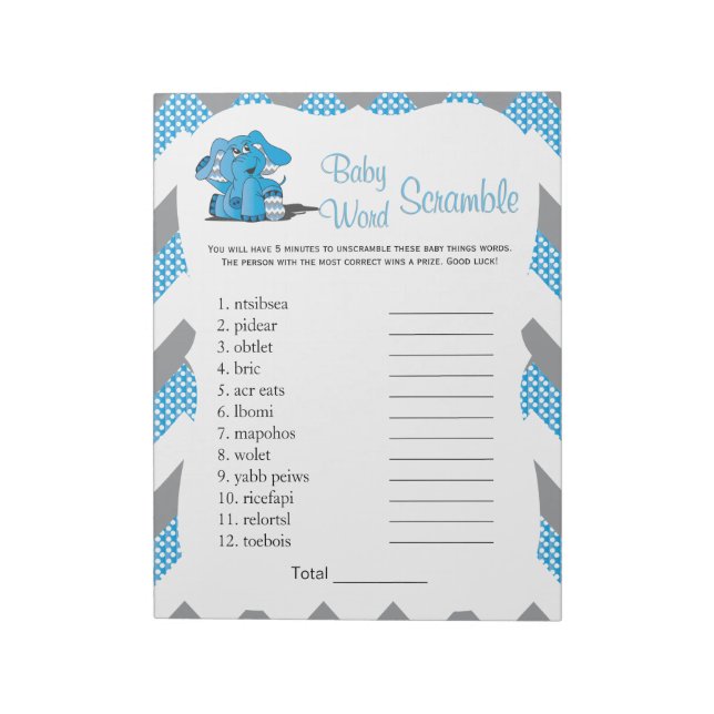 Bloc-note Blue & Grey Chevron Elephant Baby Word Jeu 2 (Tourné)