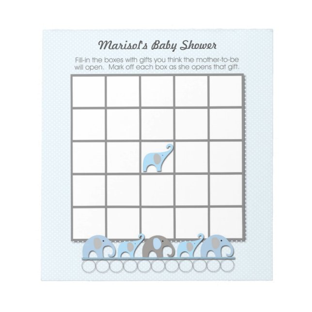 Bloc-note Blue Grey Elephants Baby shower Bingo Game pad (Devant)