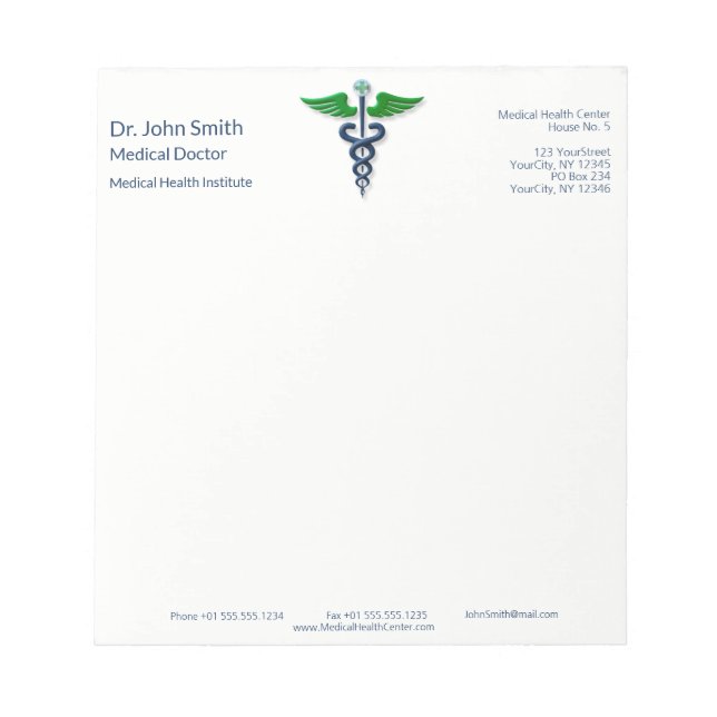 Bloc-note Blue Stylish Médicale Caduceus Green Wings Cross (Devant)