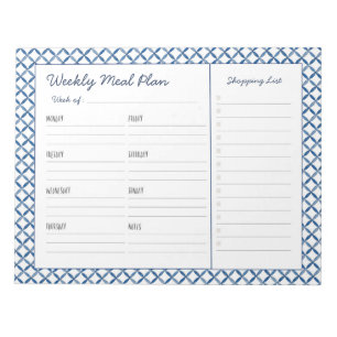 Bloc-note Blue & White Tile Weekly Meal Planer 