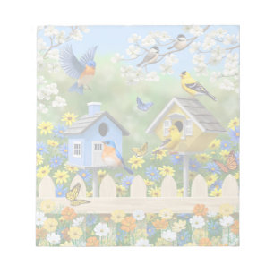 Bloc-note Bluebirds Goldfinches Birdhouses Jardin aux fleurs