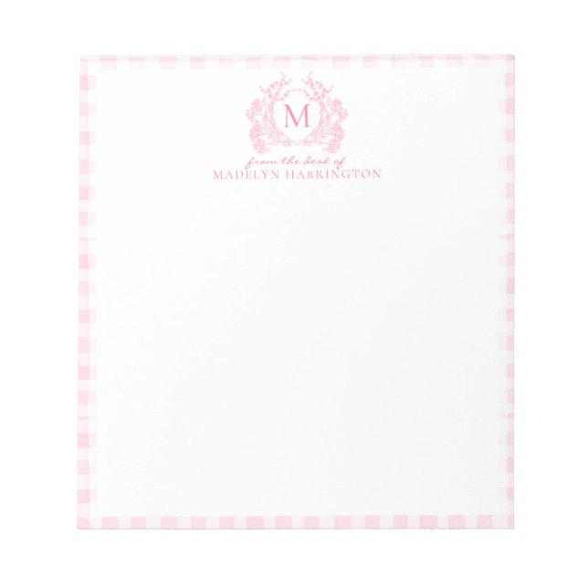 Bloc-note Blush Pink Gingham Floral Crest Monogram (Devant)