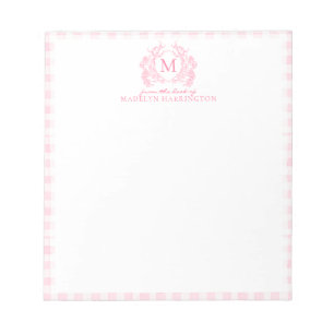 Bloc-note Blush Rose Gingham Floral Armoiries Monogramme
