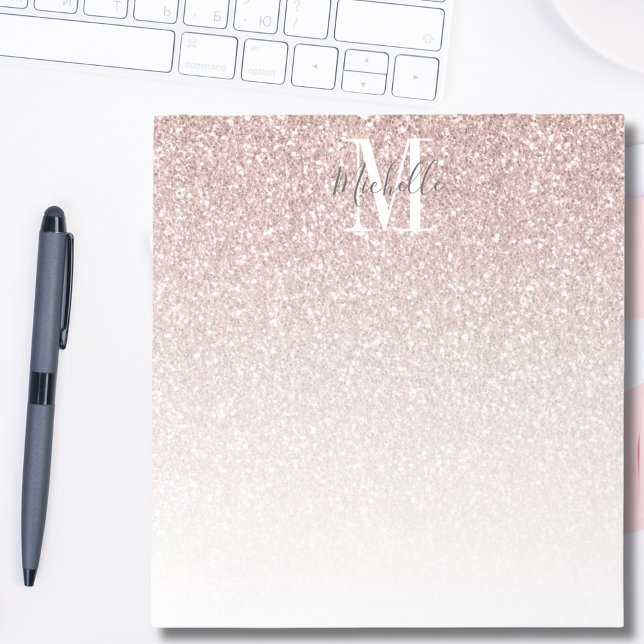 Bloc-note Blush Rose Gold Fard Rose Pailleté Monogramme Nom (Créateur téléchargé)