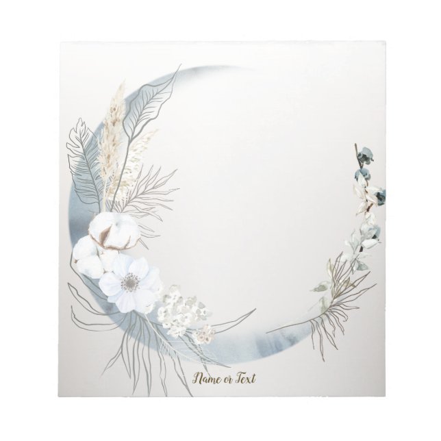 Bloc-note Boho Blanc Orchidée Fleurs Bleu Lune Élégant (Devant)