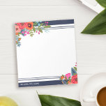 Bloc-note Boho Floral Bouquets - Marine Bleu & Blanc - Nom<br><div class="desc">Bloc-notes personnalisé avec de beaux bouquets de fleurs de boho dans deux des coins. Ajoutez votre nom en lettres blanches modernes contre bleu marine.</div>