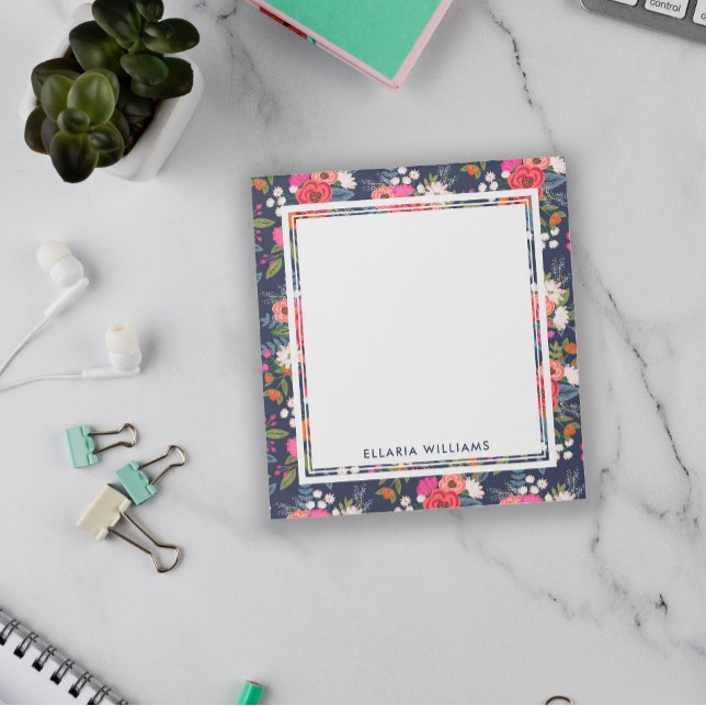 Bloc-note Boho Floral Motif - Bleu Marine - Nom (Créateur téléchargé)