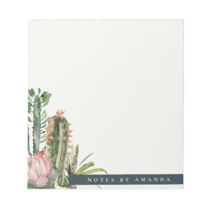 BLOC-NOTE BOHO PINK FLORAL DESERT CACTI FOLIAGE WATERCOLOR