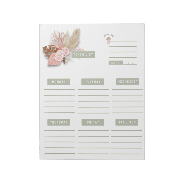 Bloc-note Boho rose vert Floral Planificateur hebdomadaire C (Tourné)