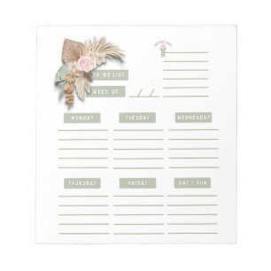 Bloc-note Boho vert rose Floral Organisateur hebdomadaire