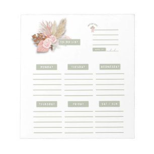 Bloc-note Boho vert rose Floral Organisateur hebdomadaire