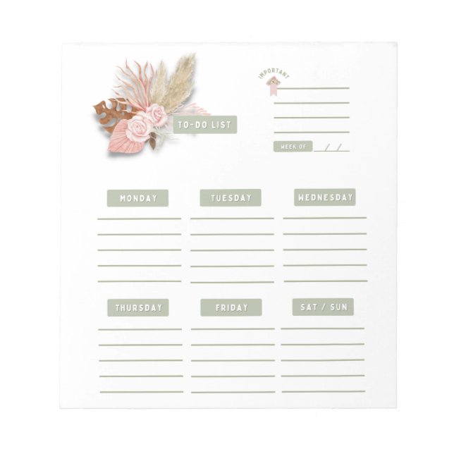 Bloc-note Boho vert rose Floral Organisateur hebdomadaire (Devant)