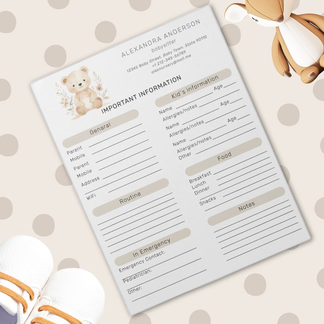 Bloc-note Boho Watercolor Bear Babysitter Info Sheet (Boho Watercolor Bear Babysitter Info Sheet Notepad)