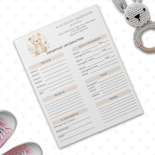 Bloc-note Boho Watercolor Bear Babysitter Info Sheet