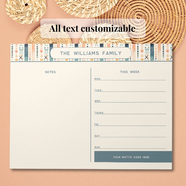 Bloc-note Boho Weekly Family Calendar avec section Notes (All text customizable on this weekly planner tearaway notepad. Soft boho styling in warm hues.)