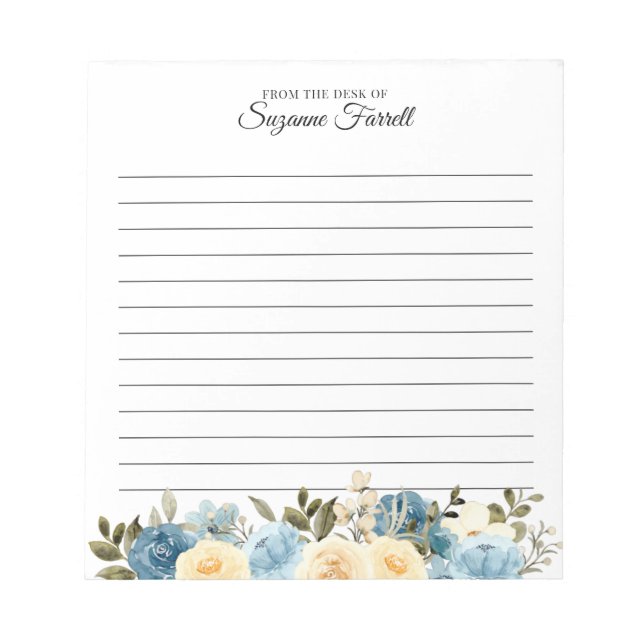 Bloc-note Bordée du bureau du nom Aquarelle Bleu Floral (Devant)