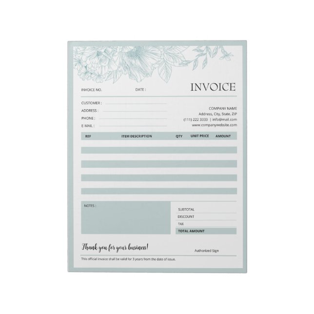 Bloc-note Bordure florale verte Formes de facture pour petit (Tourné)