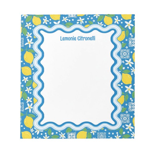 Bloc-note Bordure ondulée personnalisée citrons bleus (Devant)