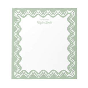 Bloc-note Bordure ondulée Vert sauge & Nom personnalisé Blan