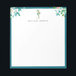 Bloc-note Botanique Floral Seahorse Logo Cadre bleu<br><div class="desc">Elégante aquarelle île bouquets botaniques et logo hippocampe avec cadre bleu océan profond,  personnalisée avec nom,  bloc-notes. Le style et la couleur de la police de texte peuvent être customisés.</div>