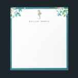 Bloc-note Botanique Floral Seahorse Logo Cadre bleu<br><div class="desc">Elégante aquarelle île bouquets botaniques et logo hippocampe avec cadre bleu océan profond,  personnalisée avec nom,  bloc-notes. Le style et la couleur de la police de texte peuvent être customisés.</div>