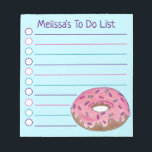 Bloc-note Bouillie de noix de beigne rose personnalisée<br><div class="desc">La conception de pavé de notes de style Liste présente une illustration originale d'un beigne dépoli rose avec des arroses, sur un arrière - plan bleu avec du texte multicolore. Idéal pour tous les drogués de nourriture ! Personnalisez simplement vos informations. De nombreux autres blocs-notes illustrés sont également disponibles dans...</div>