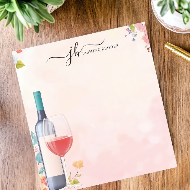 Bloc-note Bouteille de vin florale personnalisée à l'aquarel (Créateur téléchargé)