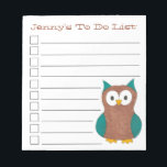 Bloc-note Brown Oiseau De Chouette Bleue Personnalisé<br><div class="desc">La conception du pavé de notes de liste de contrôle TO DO comporte une illustration originale d'un oiseau de chouette brun et bleu. Personnalisez simplement vos informations. De nombreux autres blocs-notes illustrés sont également disponibles dans cette boutique. Cette conception est également disponible sur d'autres produits. Ne vois-tu pas ce que...</div>