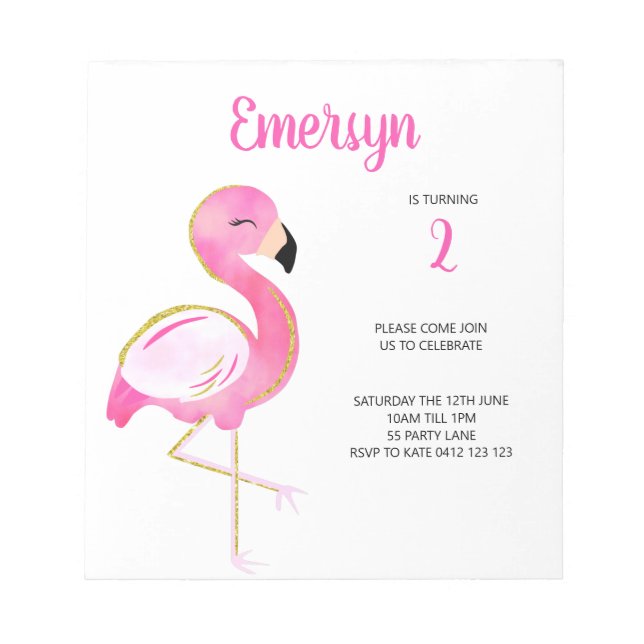 Bloc-note BUDGET Cute Flamant rose Aquarelle rose Invitation (Devant)