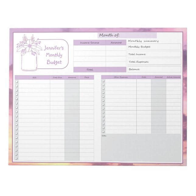 Bloc-note Budget mensuel et suivi des factures Purple Jaune (Devant)