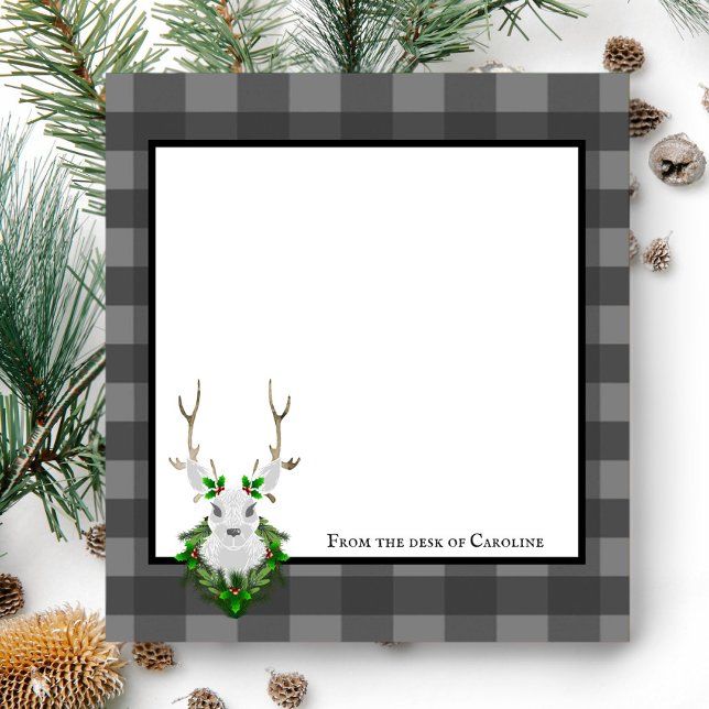 Bloc-note Buffle de rennes de fête Plaid personnalisé (Gray Festive Reindeer Buffalo Plaid Personalized Notepad)