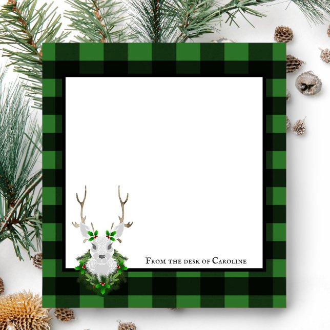 Bloc-note Buffle de rennes de fête Plaid personnalisé (Black and Green Festive Reindeer Buffalo Plaid Personalized Notepad)