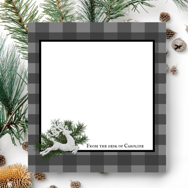 Bloc-note Buffle de rennes Plaid personnalisé | Gray (Gray Reindeer Buffalo Plaid Personalized Notepad)