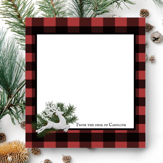 Bloc-note Buffle de rennes Plaid personnalisé | Rouge Noir (Black and Red Reindeer Buffalo Plaid Personalized Notepad)