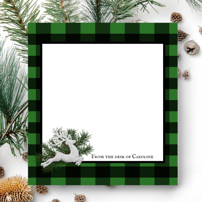 Bloc-note Buffle de rennes Plaid personnalisé | Vert noir (Black and Green Reindeer Buffalo Plaid Personalized Notepad)