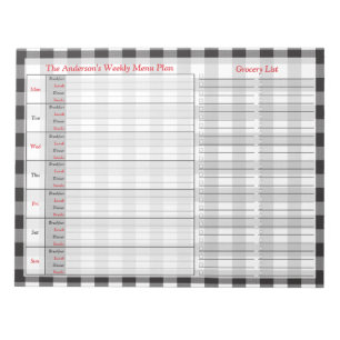 Bloc-note Buffle noir blanc Plaid Menu Plan personnalisé