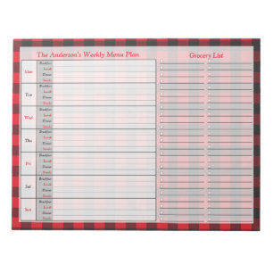 Bloc-note Buffle noir rouge Plaid Menu Plan personnalisé