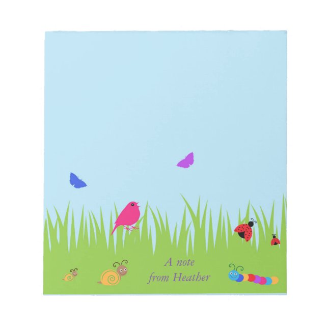 Bloc-note bugs mignons et oiseau dans l'herbe avec coussin b (Devant)