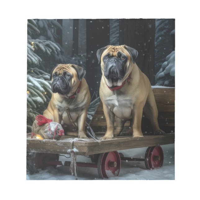 Bloc-note Bullmastiff décoration de Noël traîneau enneigé (Devant)