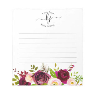 Bloc-note Burgundy Blush Pink Botanical Floral Monogram 