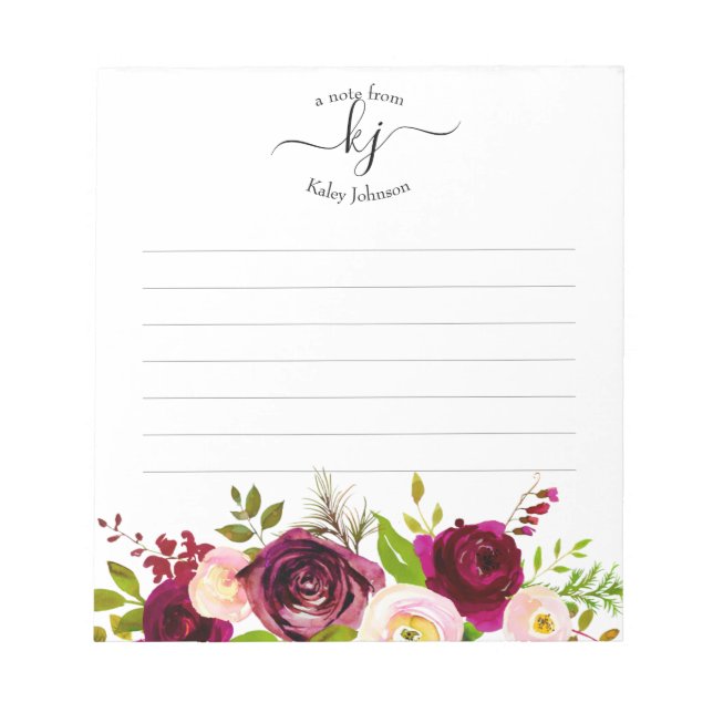 Bloc-note Burgundy Blush Pink Botanical Floral Monogram  (Devant)