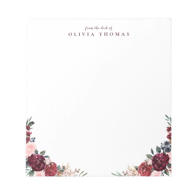 Bloc-note Burgundy boho floral personalized Stationery (Devant)